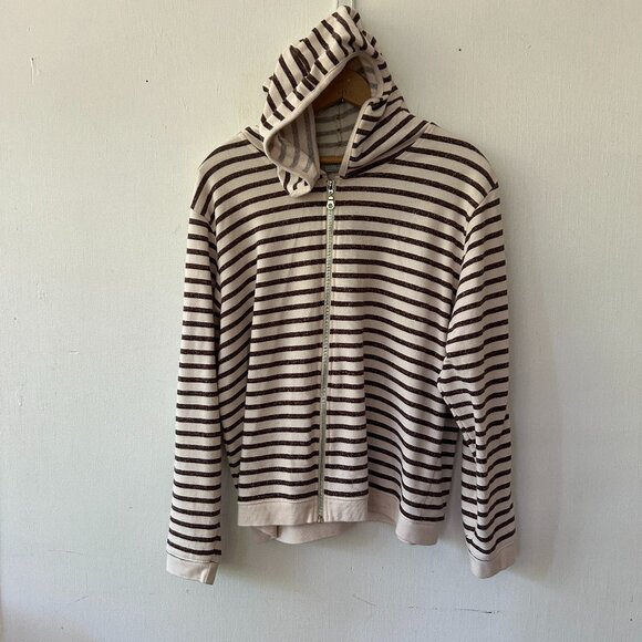 Onque Casuals Zip Front Hoodie Womens Large Cream Brown Striped Cozy Minimalist - Picture 1 of 5